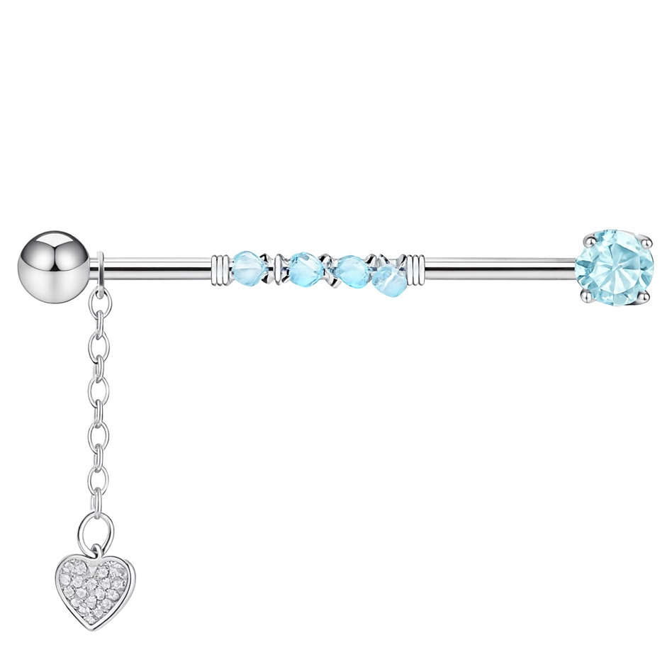 14g Surgical Steel Industrial Barbell With Light Blue Gem Dangling Heart Charm 20$